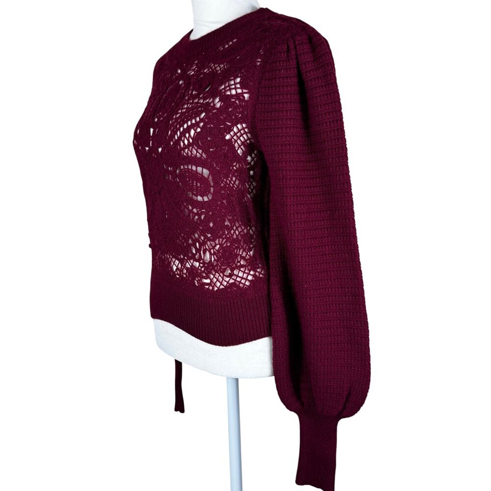 Joie Burgundy Embroidered Knit Puff Sleeve Sweater Sheer Front Size S - Picture 6 of 11